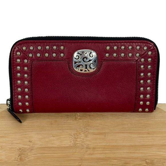 Brighton Red Leather Studded Zip-Around Wallet with Silver Medallion - Picture 1 of 10